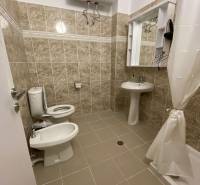 Fürdőszoba egy üdülő apartmanban; mosdó, tükör, WC, bidé és vízmelegítő.