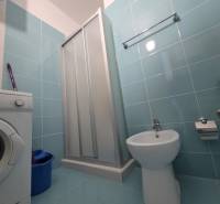Fürdőszoba a nyaraló apartmanban mosógéppel, zuhanyzóval és bidével.