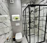 A nyaraló apartman fürdőszobája WC-vel, zuhanyzóval és márványburkolattal.