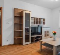 Nappali egy kétszobás lakásban, fa bútorokkal, televízióval és dohányzóasztallal.
