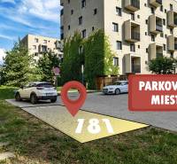 Parkolóhely a Strážovská utcában, Kassán, Nyugati városrészben, zölddel körülvéve.