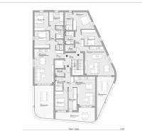 3 szobás lakások alaprajza teraszokkal és helyiségekkel egy modern apartman komplexumban.