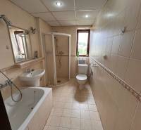 Kétszobás lakás fürdőszobája káddal, zuhanyzóval, mosdóval és WC-vel.
