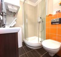 Fürdőszoba a garzonlakásban WC-vel, zuhanyzóval és narancssárga csempékkel.
