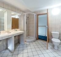 Családi ház fürdőszobája mosdókkal, zuhanyzóval és WC-vel.