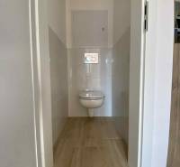 Függesztett WC-vel és csempével ellátott toalett egy 3 szobás lakásban, fa padlóval.