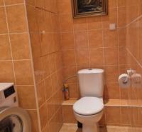 Fürdőszoba egy kétszobás lakásban mosógéppel, WC-vel és képpel a falon.