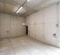 Beton szoba egy családi házban, csempével és mennyezeti lámpával.