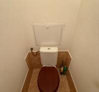 WC barna ülőkével és csempékkel egy kétszobás lakásban.