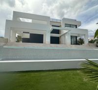 Modern építészetű villa medencével, zöldövezetben.