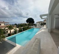 Villa medencével és terasszal, egzotikus növényekkel körülvéve.