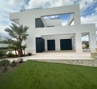 Fehér homlokzatú villa Benissában, pálmafákkal és füves területtel a kertben.