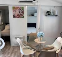 Üveg étkezőasztal virágokkal, székek, fa dekorációjú padló, kutya és kép.