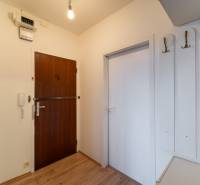 A háromszobás lakás előszobája fa dekor padlóval és falra szerelt akasztókkal.