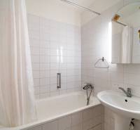 Fürdőszoba zuhanyfüggönnyel, mosdókagylóval és téglalap alakú tükörrel egy háromszobás lakásban.