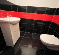 Fürdőszoba egy családi házban szaniterekkel, fekete-piros csempékkel és mosdóval.