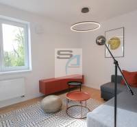 Nappali egy kétszobás lakásban fa dekor padlóval és kanapéval.