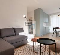 Nappali egy kétszobás lakásban kanapéval, étkezőasztallal és fa dekoros padlóval.