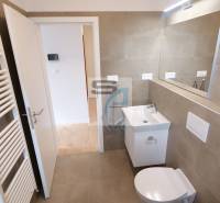 Fürdőszoba egy kétszobás lakásban WC-vel, mosdóval és tükörrel.