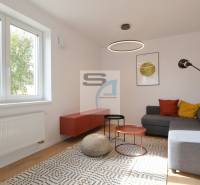 Nappali egy kétszobás lakásban, ülőhelyek, színes párnák, dohányzóasztalok, szőnyeg.