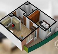 2 szobás lakás vizualizációja fa dekor padlóval és erkéllyel.