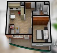 2 szobás lakás 3D alaprajza nappalival, konyhával, fürdőszobával és fa dekor padlóval.