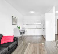 A kétszobás lakás nappalija fekete kanapéval és fa mintázatú padlóval.