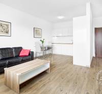 Nappali bőrkanapéval, étkezőasztallal és fa mintázatú padlóval egy kétszobás lakásban.