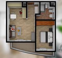 Két szobás lakás alaprajza fa dekor padlóval és berendezéssel.