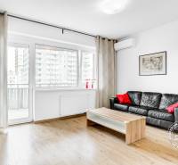 Nappali egy kétszobás lakásban fa dekor padlóval és fekete bőr kanapéval.