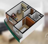 2 szobás lakás 3D alaprajza berendezéssel, fa dekor padlóval, kilátással a teraszra.