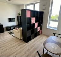 Nappali egy kétszobás lakásban polcos fallal és fa dekoros padlóval.