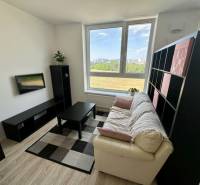 Nappali egy kétszobás lakásban kanapéval, televízióval és fa dekorációjú padlóval.