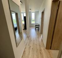 Folyosó egy 2 szobás lakásban, fa mintás padlóval, világos színnel és fali tükörrel.