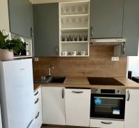 Konyha egy kétszobás lakásban fehér hűtőszekrénnyel és fa dekorációval.