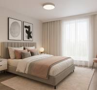 Hálószoba ággyal, lámpával, székkel és függönyökkel egy családi házban. Fa mintázatú padló.