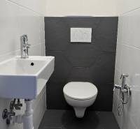 Fürdőszoba sötét padlóval és szaniterekkel egy családi házban, zuhanycsappal.