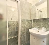 Fürdőszoba mosdóval és zuhanyzóval egy családi házban.