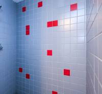 Zuhanykabin kék és piros csempékkel, kertek.