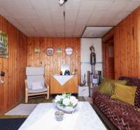 Belső tér fa burkolatú falakkal, cserépkályhával és retro bútorokkal a kertekben.