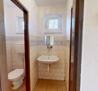 Fürdőszoba mosdóval, WC-vel és csempével a házikóban, kis ablakokkal és egyszerű dizájnnal.