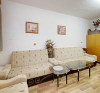 Nappali a faházban kanapéval, szekrénnyel, dohányzóasztallal és fa mintázatú padlóval.