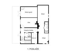 Az első emelet alaprajza a szobával, konyhával és raktárakkal rendelkező házikónak.