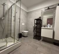 A modern zuhanyzóval és higiéniai szükségletek számára kialakított hellyel rendelkező kétszobás lakás fürdőszobája.