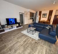 Nappali egy kétszobás lakásban sötét kanapéval és televízióval, fa mintás padlóval.