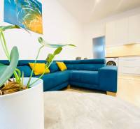 Nappali egy kétszobás lakásban kanapéval és absztrakt festménnyel a falon.