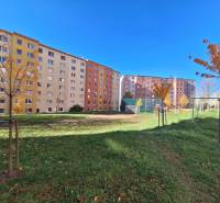 Lakótelepi épületek a Federátov utcában, Eperjesen, játszótérrel és fákkal.