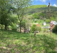 Gyönyörű természeti táj házikóval, fákkal és festői falucskával a völgy hátterében.