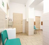 Váróterem irodákban türkiz székekkel és világos falakkal.