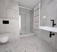 Fürdőszoba WC-vel, zuhanyzóval és radiátorral egy egyszobás lakásban.